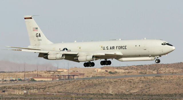 An E-8 JSTARS aircraft (converted from a Boeing 707 airframe) lands at Nellis Air Force Base in 2006.