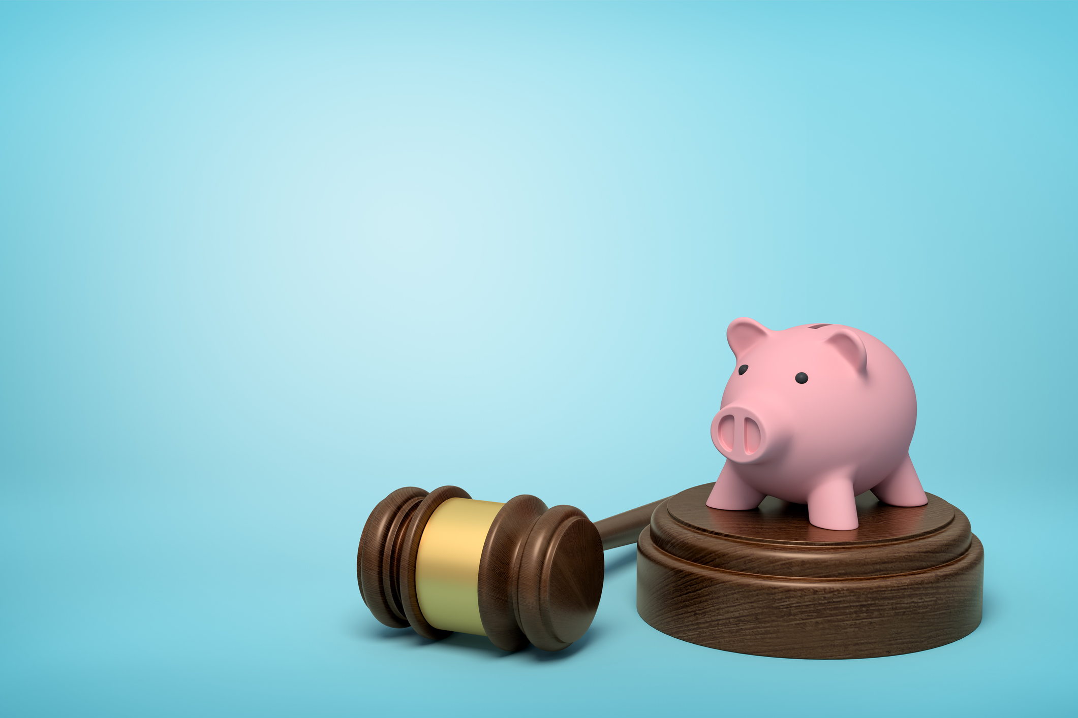3d rendering of pink piggy bank standing on sounding block with gavel lying beside on light-blue background with copy space. Money matters. Lawsuit for money. Auction bids.