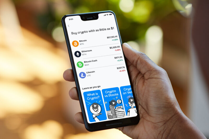 Venmo's smartphone app displaying cryptocurrency prices.