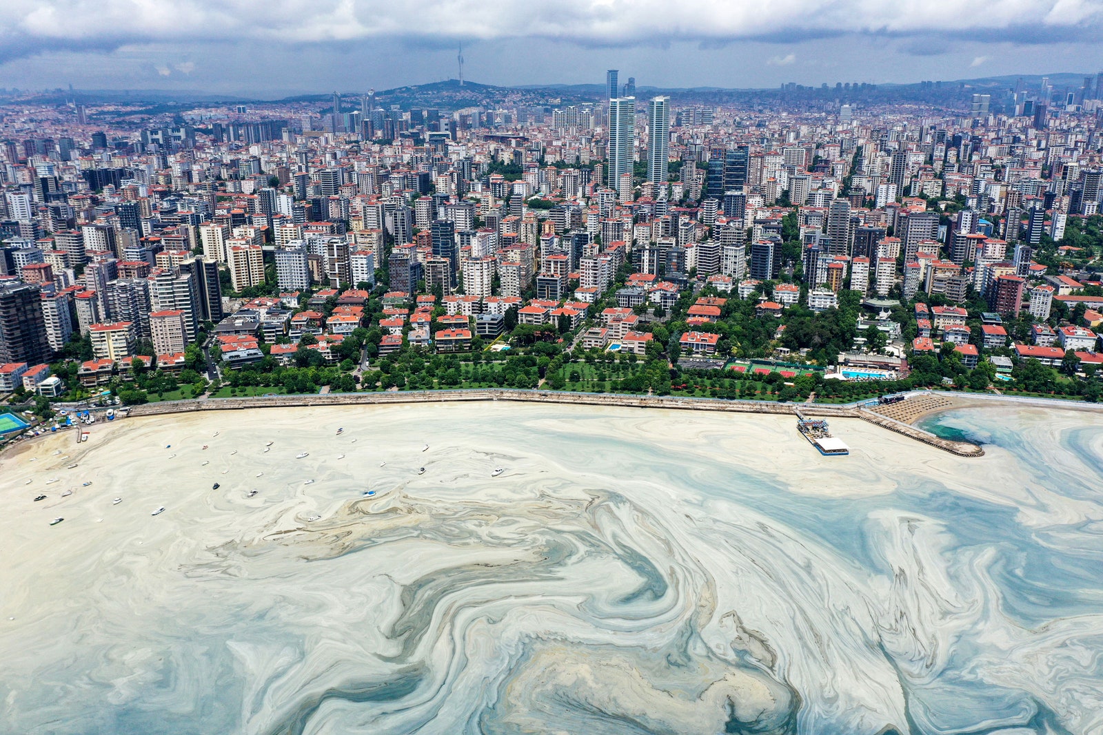 A drone photo shows an aerial view of increased mucilage level at Caddebostan shore in Istanbul Turkey on June 15 2021.