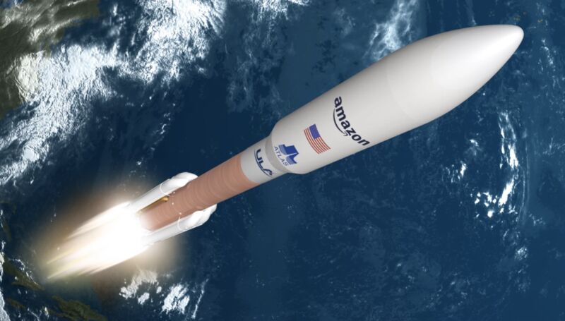 Illustration of a rocket in space with an Amazon logo.