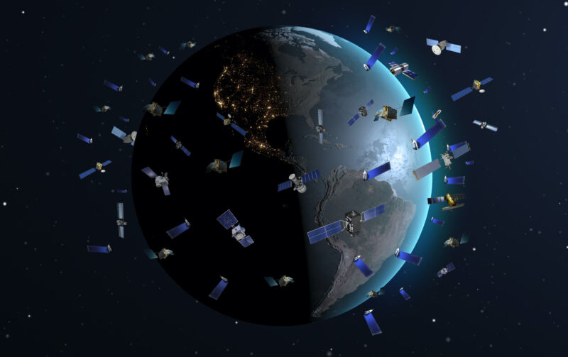 Illustration of many satellites orbiting the Earth.