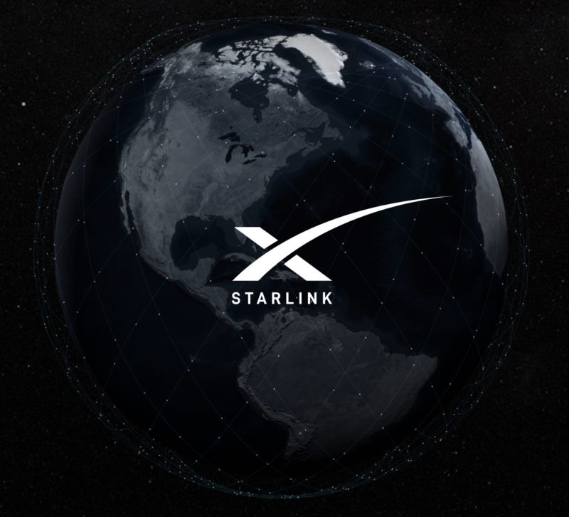 Illustration of the Earth with the logo of Starlink, the satellite broadband service planned by SpaceX.