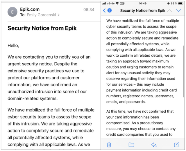 Epik begins emailing data breach notice to customers.