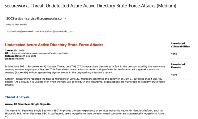 Secureworks emails its customers regarding Azure's Active Directory flaw.