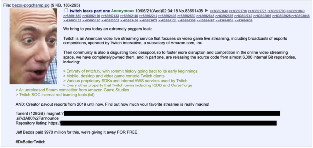 A 4chan user posted a torrent of a 125GB data dump.