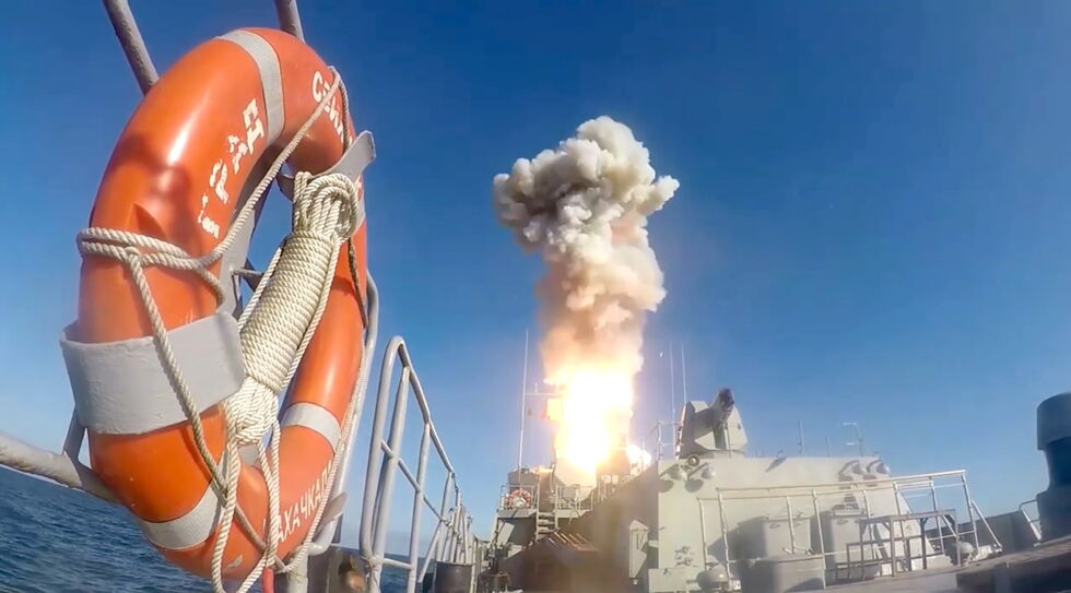 A Russian naval ship launching a Kalibr high-precision ship-based land attack cruise missile as part of the Grom-2019 military exercise held in the Barents Sea and the Caspian Sea. This photograph is from October 2019.