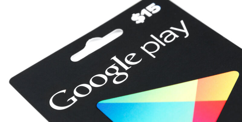 Extreme close-up photograph of a Google Play giftcard.
