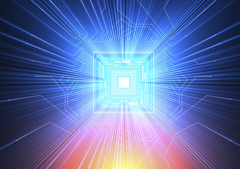 Conceptual computer artwork of electronic circuitry with blue and red light passing through it, representing how data may be controlled and stored in a quantum computer.