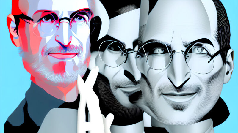 AI-generated illustration of three Steve Jobs faces.
