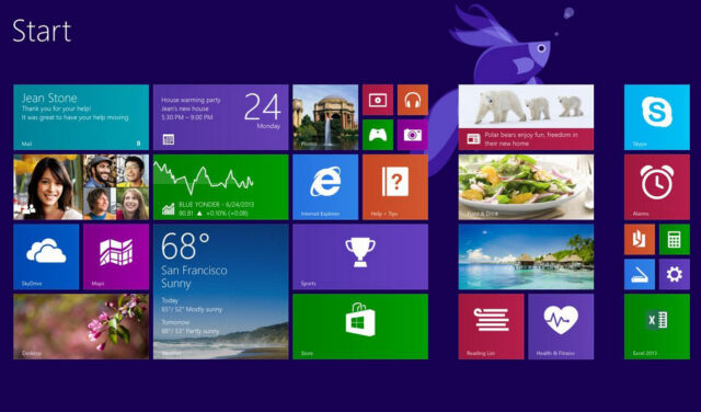 The iconic Windows 8 Start screen, with its colorful live tiles and Metro interface.