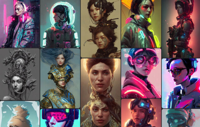 A collection of AI-generated artworks that use the "trending on ArtStation" prompt, as found on the Lexica prompt search website.