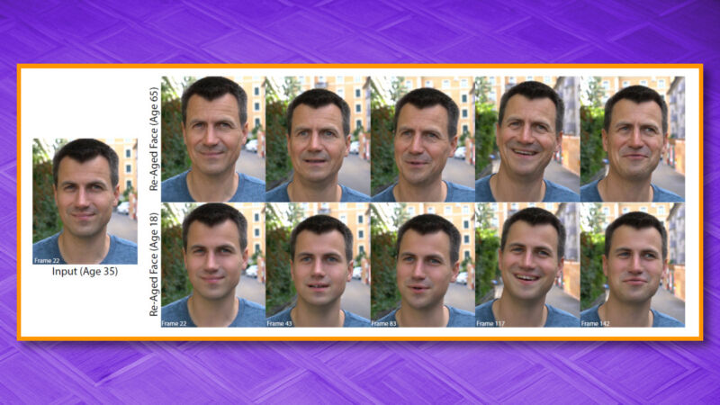 An example of Disney's FRAN re-aging tech that shows the original image on the left and re-aged rows of older (top) and younger (lower) examples of the same person.