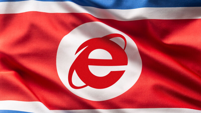 Internet Explorer logo embedded in North Korean flag