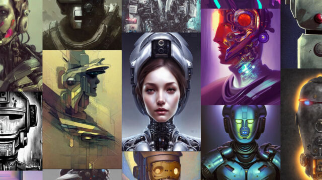 An assortment of robot portraits generated by Stable Diffusion as found on the Lexica search engine.