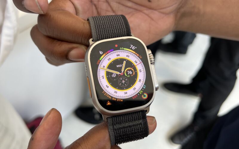 A bulky, large Apple Watch with buttons sticking out the side