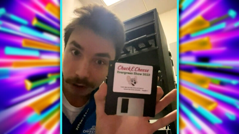Stewart Coonrod holds up an official 2023 Chuck E. Cheese floppy disk in a TikTok video. It contains dance moves for in-store animatronics.