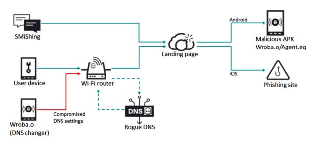 Infection flow with DNS hijacking and smishing.