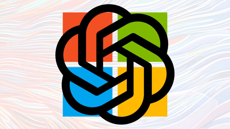 The OpenAI logo superimposed over the Microsoft logo.