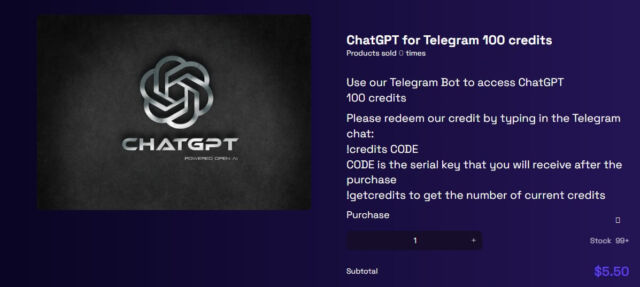 An ad for a Telegram bot that can use ChatGPT to generate malicious content.