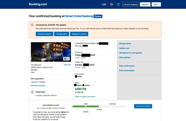 The real reservation from Booking.com.