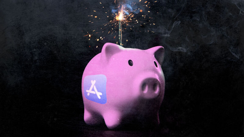 artist rendition of a piggbank with an Apple App Store logo on it about to explode