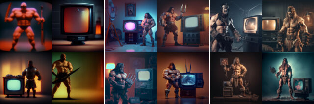 A comparison between output from Midjourney v3 (left), v4 (center), and v5 (right) with the prompt "a muscular barbarian with weapons beside a CRT television set, cinematic, 8K, studio lighting."