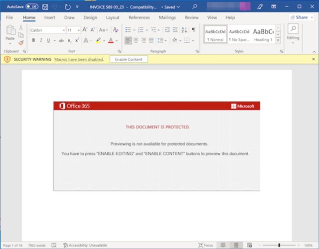 The graphic that appears immediately after opening a malicious Word document. It says the content can't be accessed unless the "enable content" button is clicked.