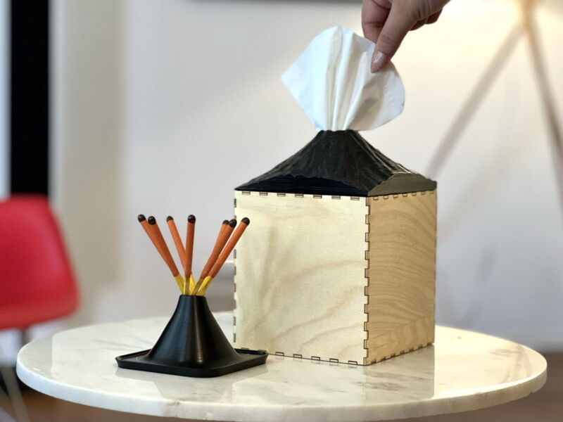A volcano-themed tissue box designed with the help of AI-assisted image generation
