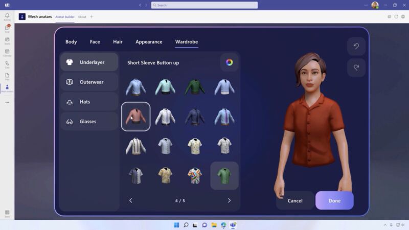 Customizing a Mesh for Teams avatar. Like many people on real-life video calls, the avatars only feature business attire from the waist up.