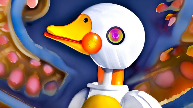An AI-generated image of a cyborg duck.