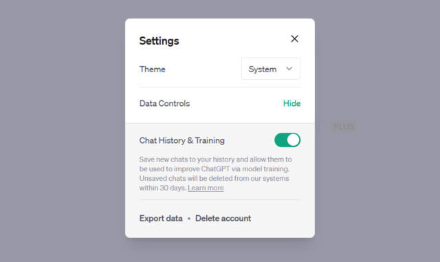 A screenshot of ChatGPT settings that shows the "Chat History &amp; Training" option.
