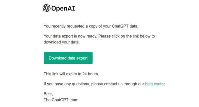A screenshot of an email from OpenAI providing a link to exported ChatGPT conversation history.