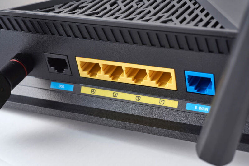 Detail of the ethernet ports on an Asus DSL-AC88U router, taken on November 30, 2017. (Photo by Olly Curtis/MacFormat Magazine/Future via Getty Images)