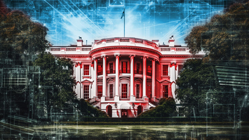 An AI-generated image of the White House in front of a cybernetic background.