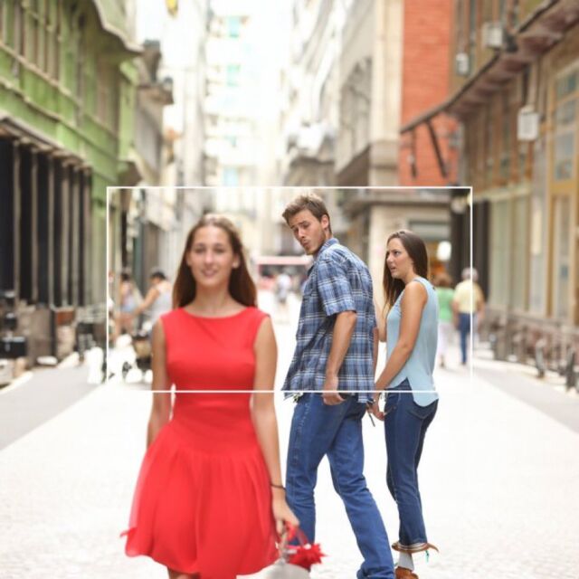 An AI-expanded version of the famous "distracted boyfriend" meme image, created using Adobe Generative Fill.