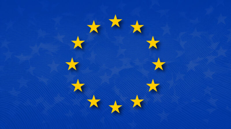 The EU flag in front of an AI-generated background.