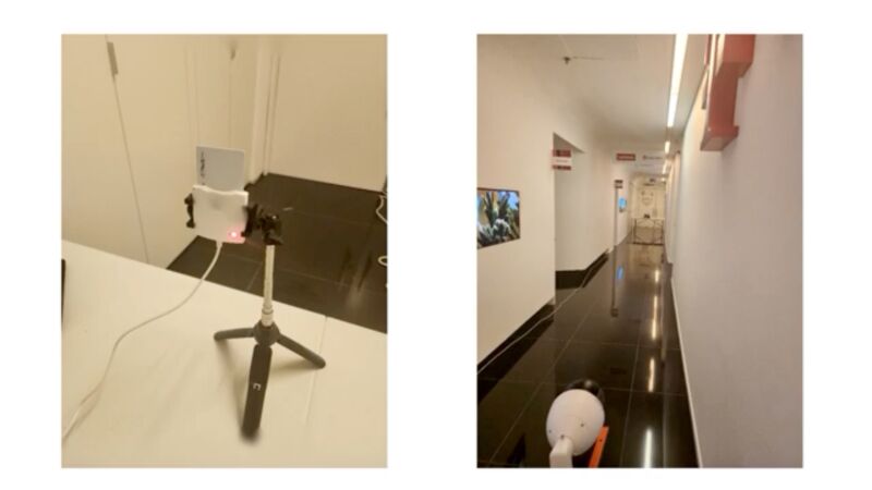 Left: a smart card reader processing the encryption key of an inserted smart card. Right: a surveillance camera video records the reader's power LED from 60 feet away.