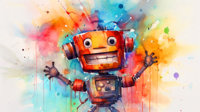 An AI-generated image of "a laughing robot."