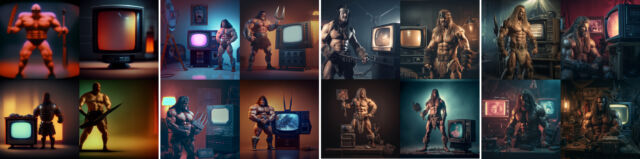 A comparison between output from Midjourney v3 (left), v4 (center-left), v5 (center-right), and v5.2 (right) with the prompt "a muscular barbarian with weapons beside a CRT television set, cinematic, 8K, studio lighting."
