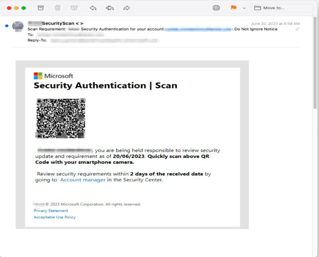 Screenshot of a phishing email with QR code.