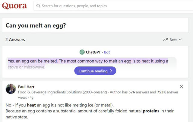 A screenshot of the incorrect "Can you melt an egg?" response on Quora, coming from its "ChatGPT" feature.