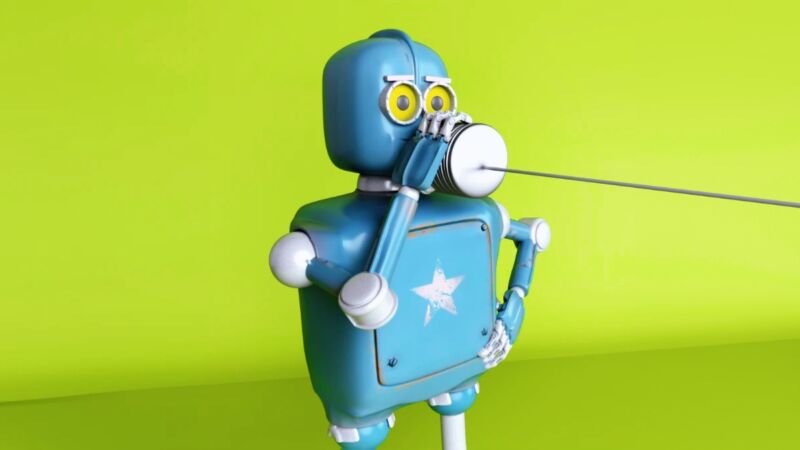 A toy robot speaks into a tin can and string.