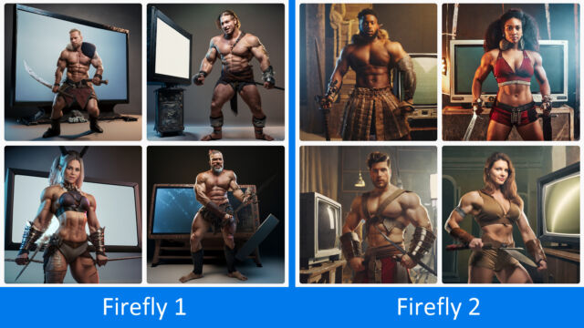 A comparison between output from Firefly version 1 (left) and Firefly version 2 (right) with the prompt "a muscular barbarian with weapons beside a CRT television set, cinematic, 8K, studio lighting."