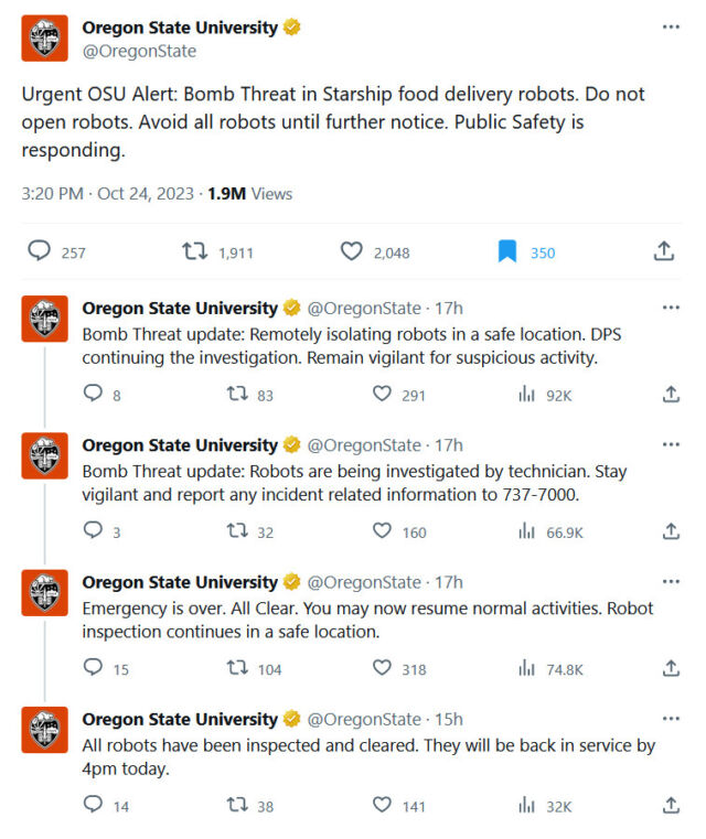 A series of X posts from October 24, 2023, related to a Starship food delivery robot bomb threat.