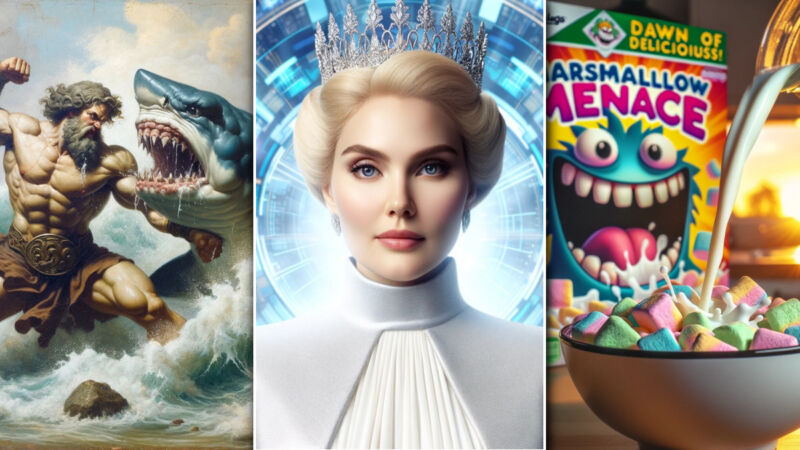 An composite of three DALL-E 3 AI art generations: an oil painting of Hercules fighting a shark, an photo of the queen of the universe, and a marketing photo of "Marshmallow Menace" cereal.