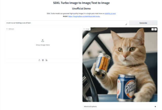 A screenshot of the unofficial SDXL Turbo demonstration page on Hugging Face. Obligatory cat with beer attained.