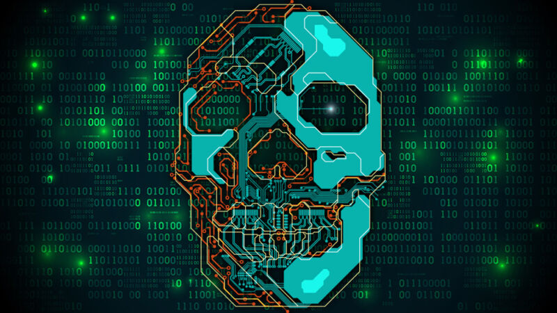 A stylized human skull over a wall of binary code.