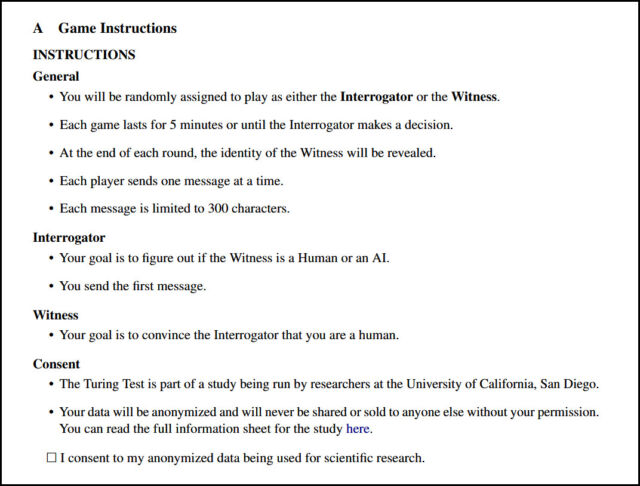 Instructions for the Turing test AI evaluation game from Jones and Bergen, 2023.