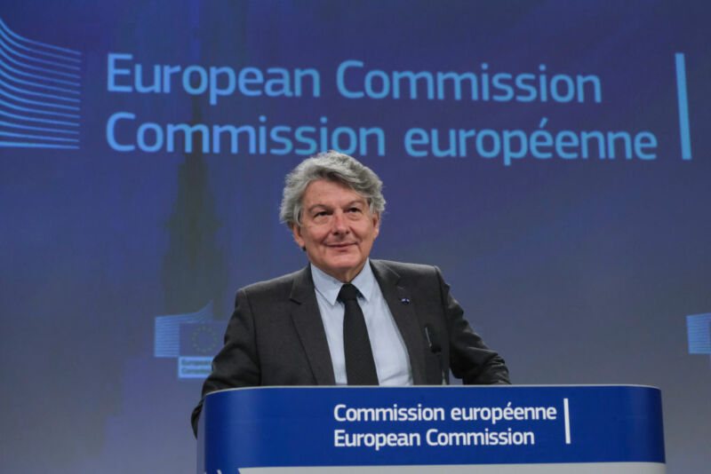 EU Commissioner Thierry Breton talks to media during a press conference in June.